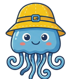 Maskottchen: blaue Qualle mit gelbem Regenhut