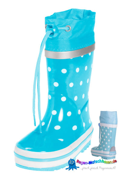Trendiger Kinder Gummistiefel in Türkis mit weißen Punkten