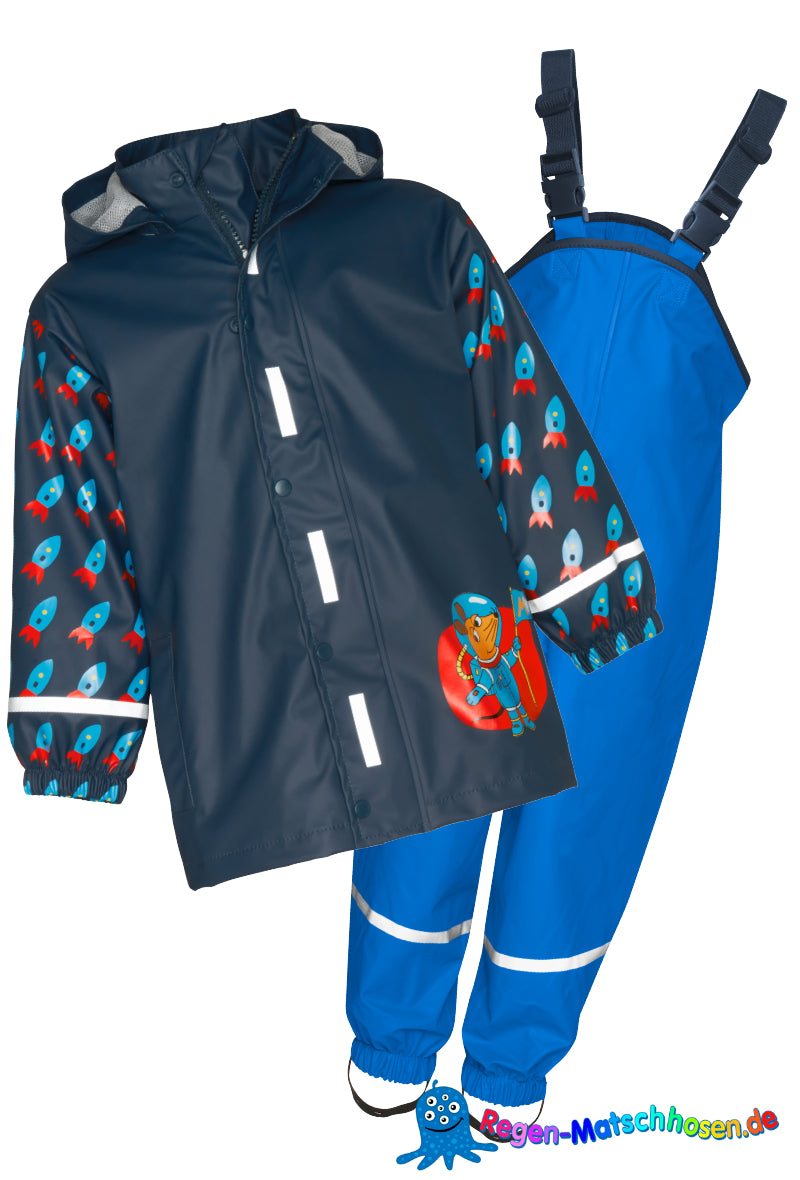 Playshoes Baby und Kinder Regenanzug im Design "Maus im Weltraum" dunkelblau